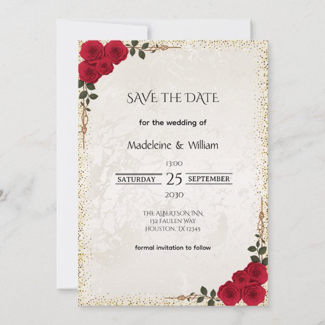 Save The Date Elégant or Romantique Roses Rouge Mariage (Devant)
