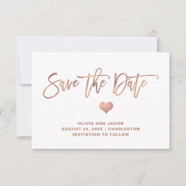 Save The Date Elégant or Rose sur blanc avec coeur (Devant)
