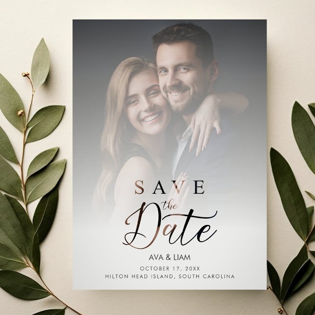 Save The Date Elegant Overlay Gradient Grey Shades Photo Wedding (Wedding Card:  Elegant Overlay Gradient in Grey Shades with Photo.)