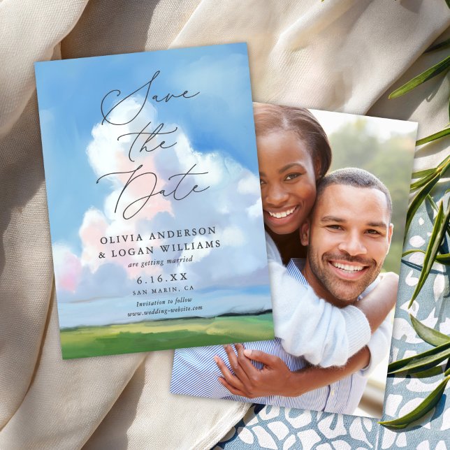 Save The Date Elegant Painted Landscape Blue Sky Clouds Wedding  (Créateur téléchargé)