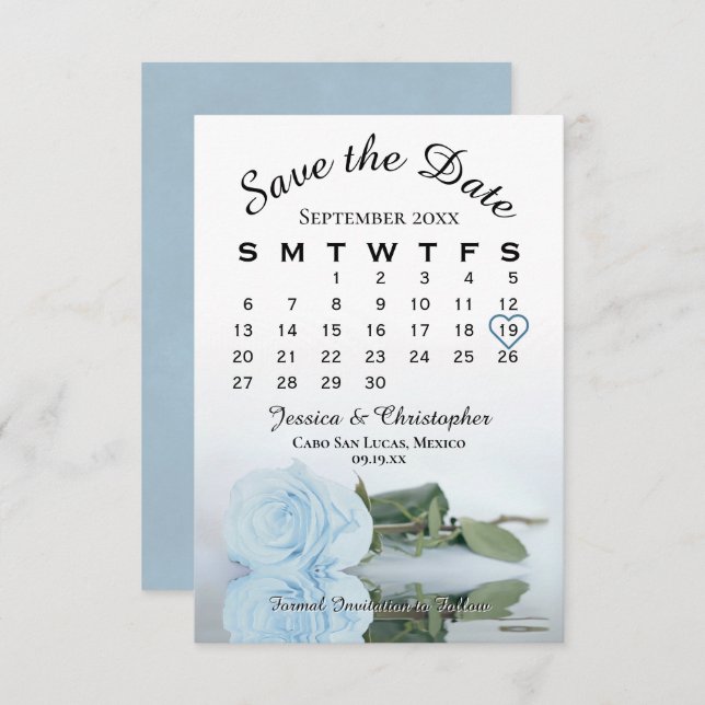 Save The Date Élégant Pale Dusty Blue Rose Calendrier Mariage (Devant / Derrière)
