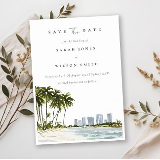 Save The Date Élégant Palmiers Plage Miami Floride Aquarelle