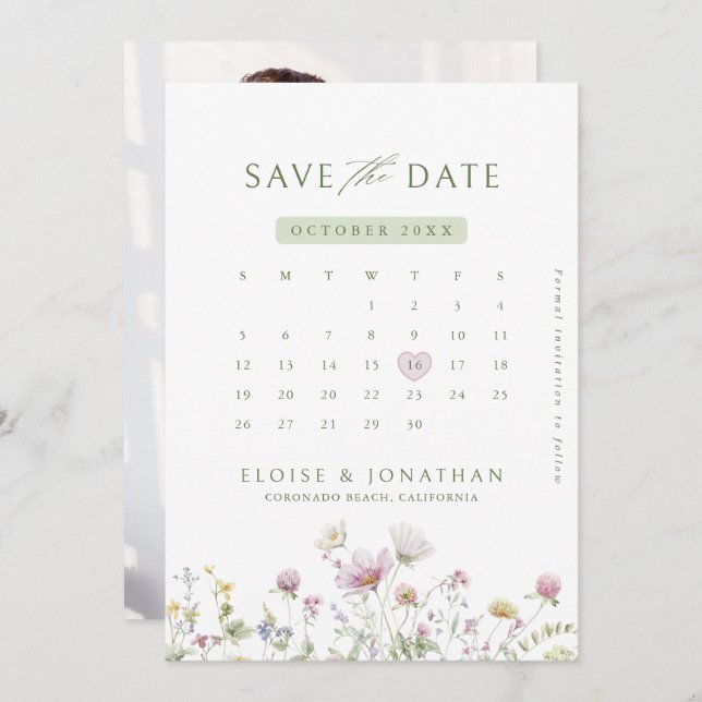 Save The Date Élégant Pastel Fleur sauvage Soft Photo botanique (Devant / Derrière)