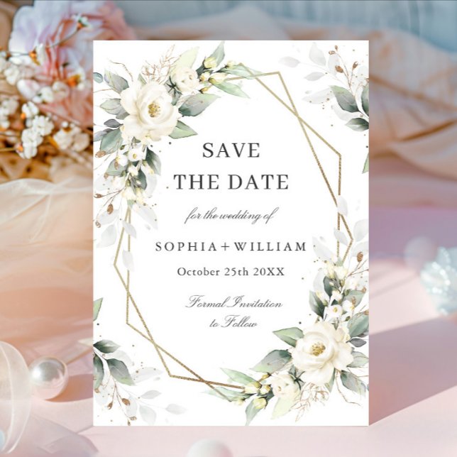 Save The Date Elégant Pastel White Roses Eucalyptus Mariage (Créateur téléchargé)
