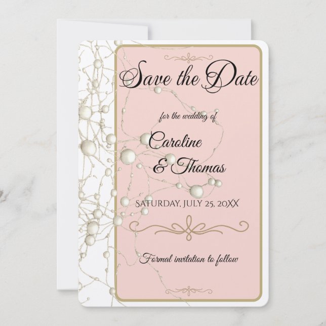 Save The Date Elégant Pearl Gold Script Mariage Perles romantiqu (Devant)