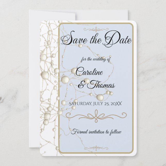 Save The Date Elégant Pearl Gold Script Mariage Perles romantiqu (Devant)