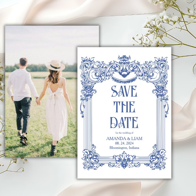 Save The Date Élégant Photo Baroque Blue Colonne Mariage (Créateur téléchargé)
