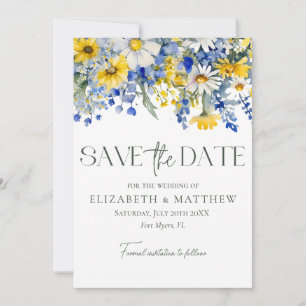 Save The Date Élégant Photo Bleu Jaune Fleurs sauvages Mariage B