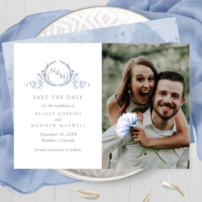 Save The Date Élégant Photo Dusty Blue Monogram Mariage (Créateur téléchargé)