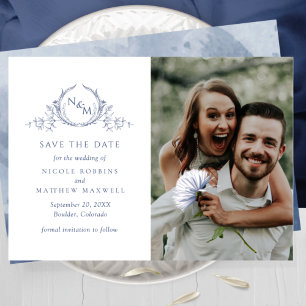 Save The Date Elégant Photo Marine Blue Monogram Mariage