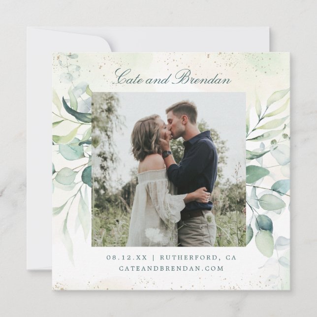 Save The Date Élégant Photo Verdure Eucalyptus Mariage (Devant)