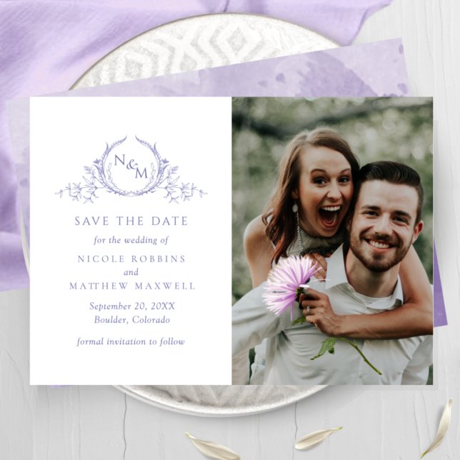 Save The Date Élégant photo violet Mariage de monogramme (Créateur téléchargé)