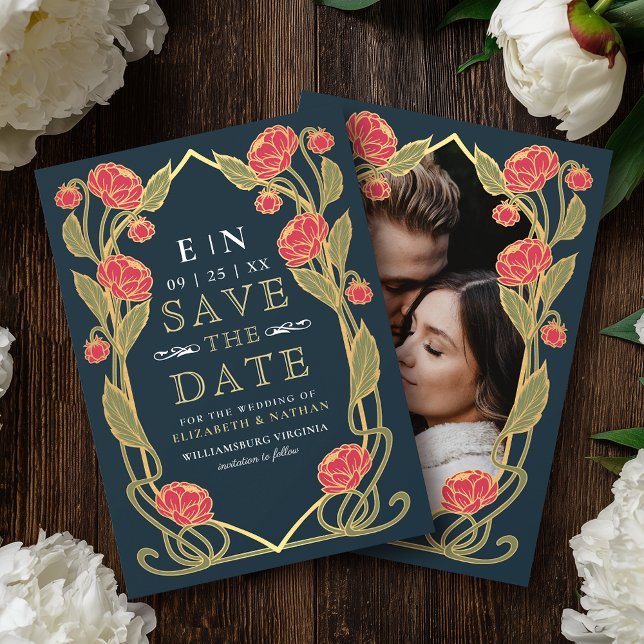 Save The Date Elegant Pink Peony Art Nouveau Wedding Photo (Créateur téléchargé)