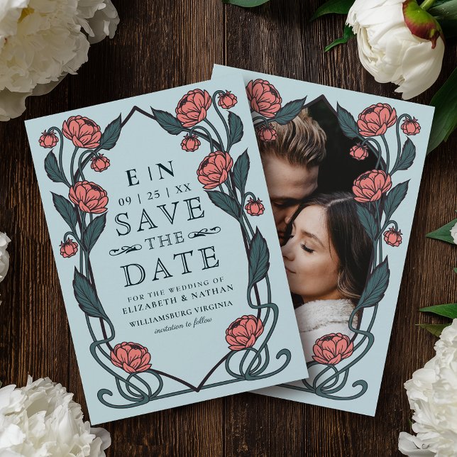 Save The Date Elegant Pink Peony Art Nouveau Wedding Photo (Créateur téléchargé)