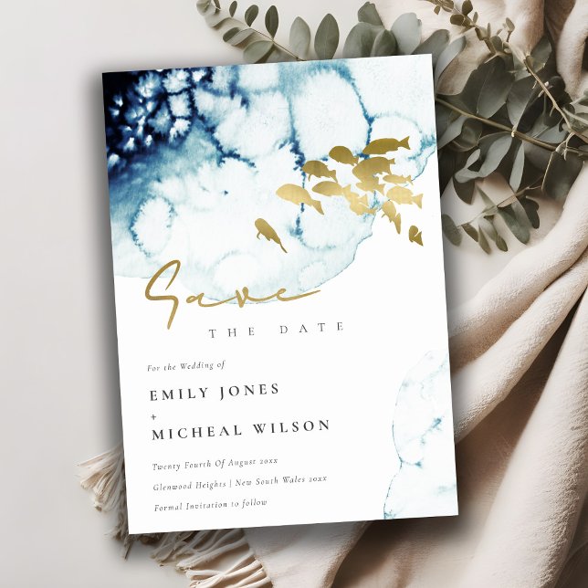 Save The Date Élégant Poisson Navy Or Sous l'eau Aquarelle (Créateur téléchargé)