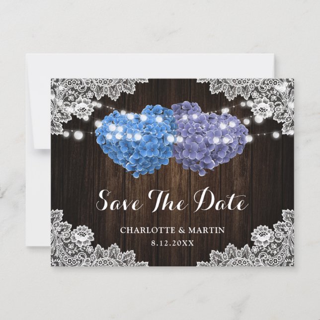 Save The Date Elegant Purple Blue Floral Lace Wood Wedding (Devant)