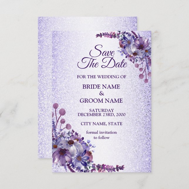 Save The Date Elegant Purple Blue Pink Floral Glitter Wedding (Devant / Derrière)