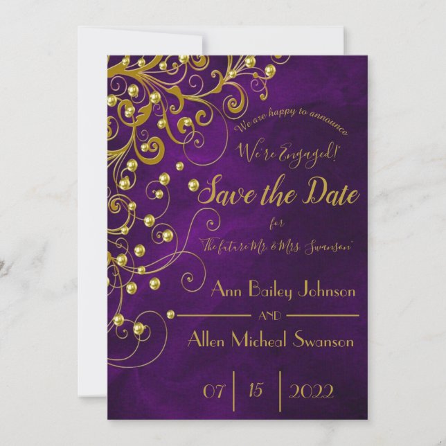 Save The Date Elégant Purple Gold Parties scintillant Mariage En (Devant)