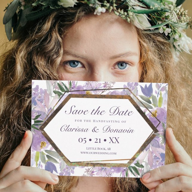 Save The Date Élégant Purple & Or Floral Wicca Handfasting (Créateur téléchargé)
