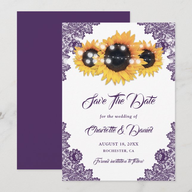 Save The Date Elegant Purple Sunflower Floral Lace Wedding (Devant / Derrière)
