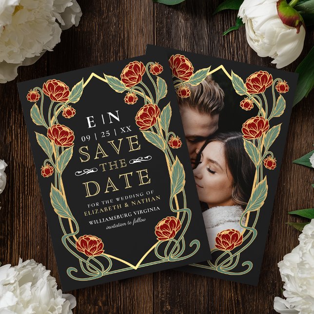 Save The Date Elegant Red Peony Art Nouveau Wedding Photo (Créateur téléchargé)