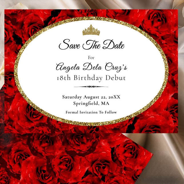 Save The Date Elegant Red Roses and Gold 18th Birthday Debut (Créateur téléchargé)