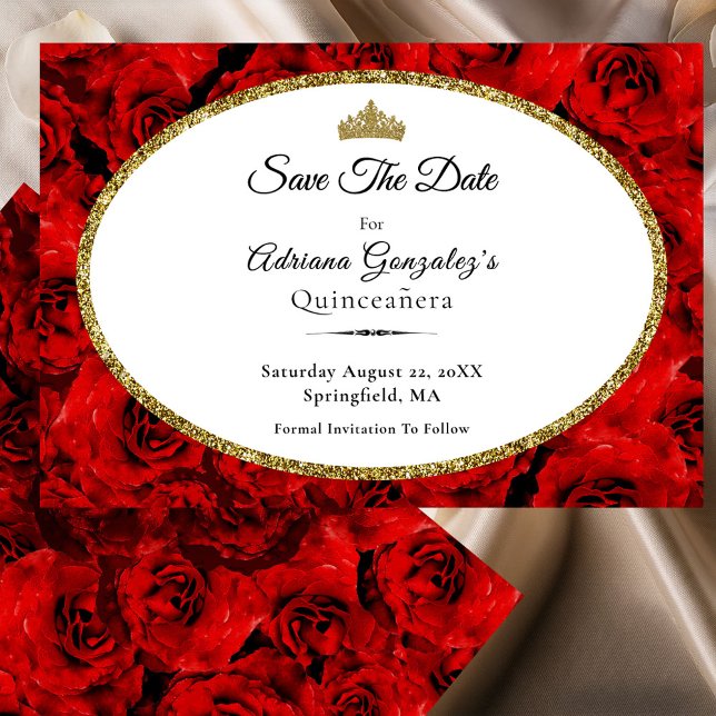 Save The Date Elegant Red Roses and Gold Quinceanera (Créateur téléchargé)