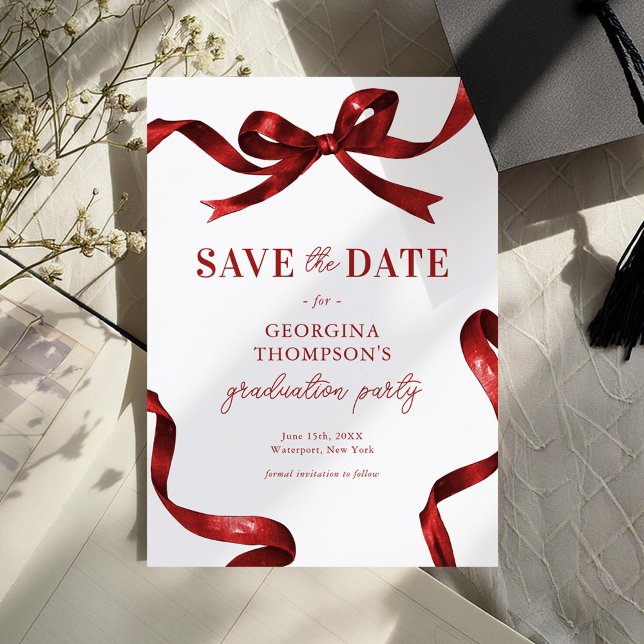 Save The Date Elegant Red Watercolor Bow Graduation (Créateur téléchargé)