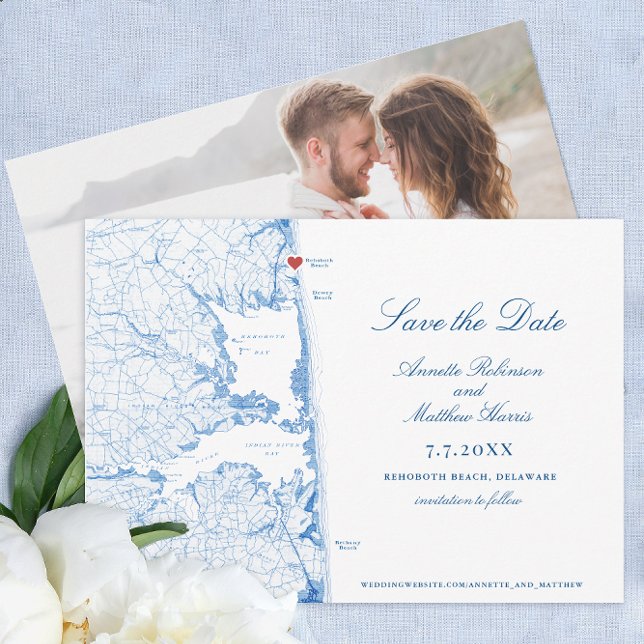 Save The Date Elégant Rehoboth Beach Delaware Map Mariage (Elegant Rehoboth Beach Delaware Wedding save the date with photo back and navy blue map )