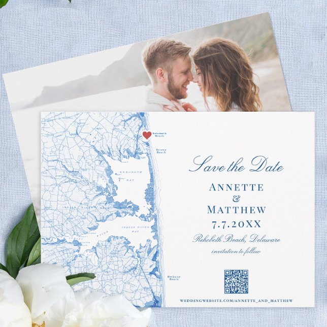 Save The Date Elégant Rehoboth Beach Map Mariage de marine (Elegant Rehoboth Beach Delaware Wedding save the date with photo back and navy blue map )