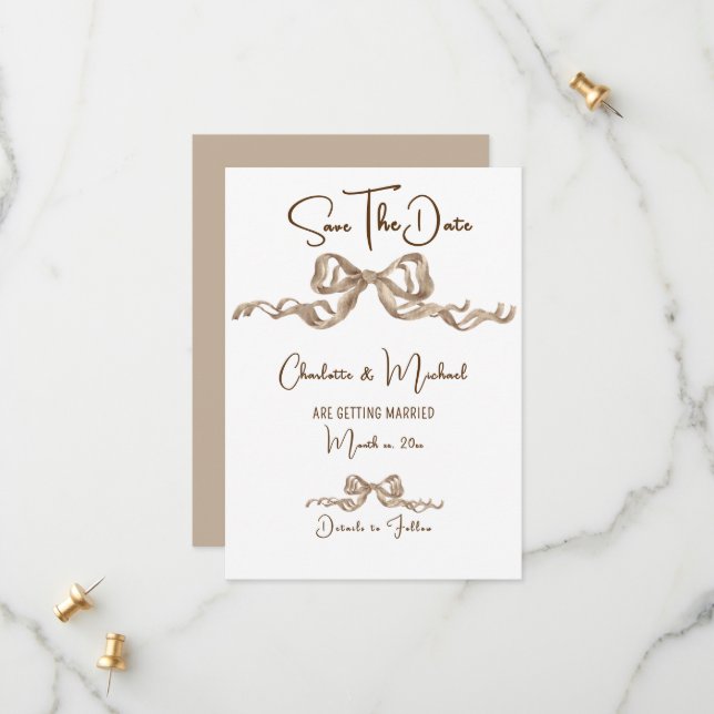 Save The Date Elegant Ribbon & Bow Warm Brown Classic Wedding (Devant/Arrière en situation)