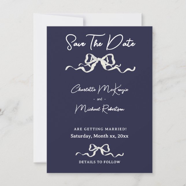 Save The Date Elegant Romantic Wedding Navy & White Ribbon & Bow (Devant)
