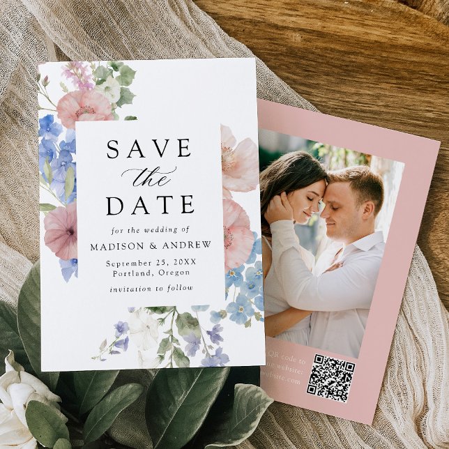 Save The Date Elégant romantique aquarelle Floral QR Code Mariag (Créateur téléchargé)