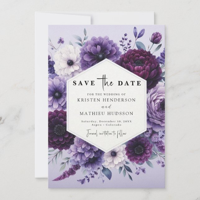 Save The Date Élégant Romantique violet Mariage floral (Devant)