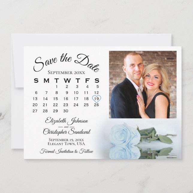 Save The Date Élégant Rose bleu Dusty Calendrier & Mariage photo (Devant)