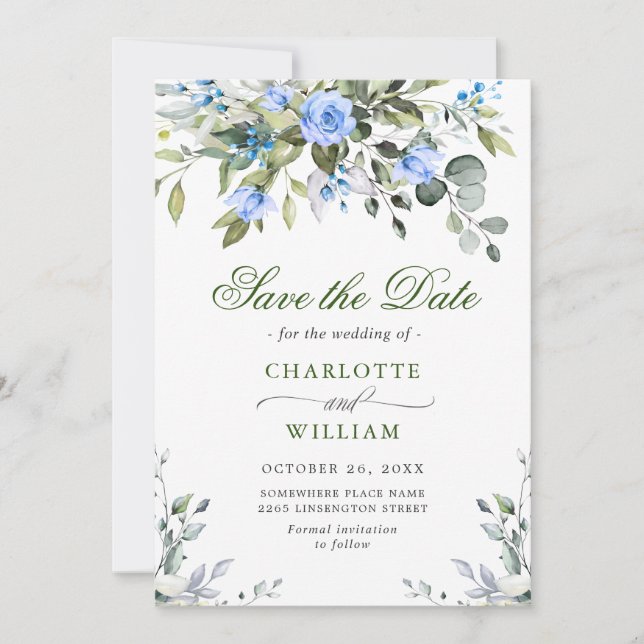 Save The Date Elégant Rose bleu Eucalyptus Mariage floral  (Devant)