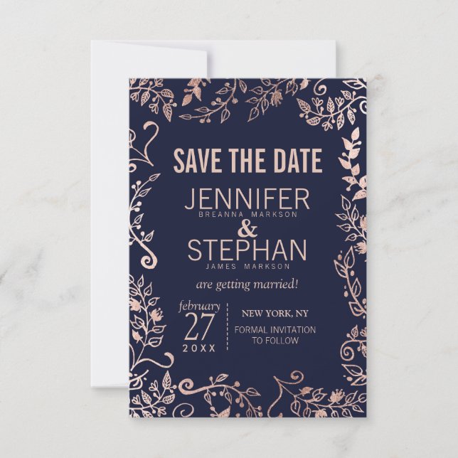 Save The Date Elégant Rose bleu marine or Mariage floral (Devant)