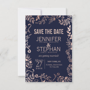 Save The Date Elégant Rose bleu marine or Mariage floral