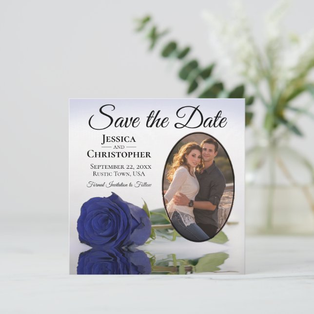 Save The Date Élégant Rose bleu marine Oval Photo Mariage (Debout devant)
