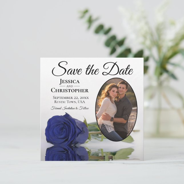 Save The Date Élégant Rose bleu marine sur Mariage photo ovale b (Debout devant)