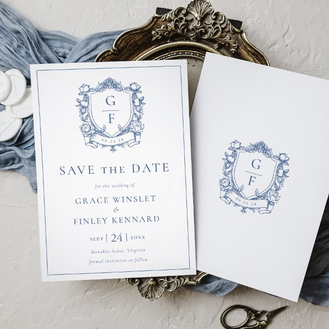 Save The Date Élégant Rose Bleu Monogram Crest Mariage (Créateur téléchargé)