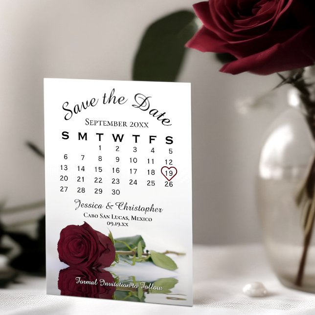 Save The Date Élégant Rose Bourgogne Romantique Calendrier Maria (Créateur téléchargé)