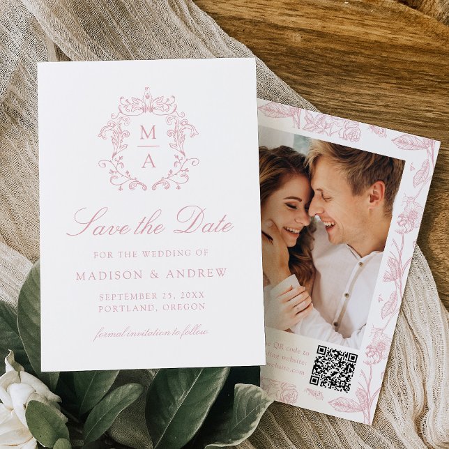 Save The Date Elegant Rose Chinoiserie Floral QR Code Wedding (Créateur téléchargé)