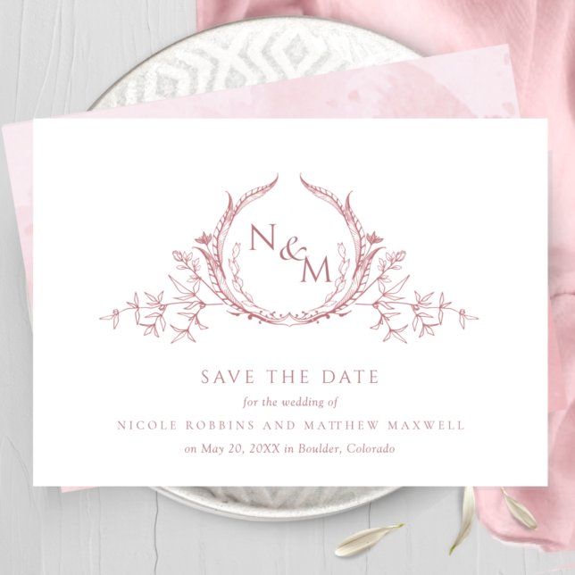 Save The Date Elégant Rose d'aquarelle Dusty Mariage de monogram (Créateur téléchargé)