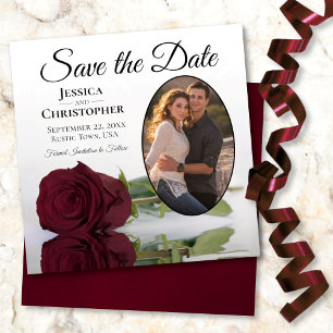 Save The Date Elégant Rose de la Bourgogne et Mariage photo oval