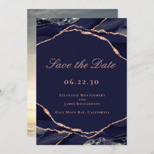 Save The Date Élégant Rose de la Marine Gold Foil Agate Mariage