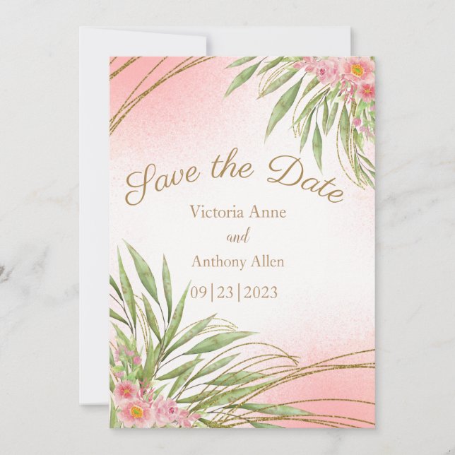 Save The Date Elégant rose Floral Verdure Aquarelle moderne (Devant)