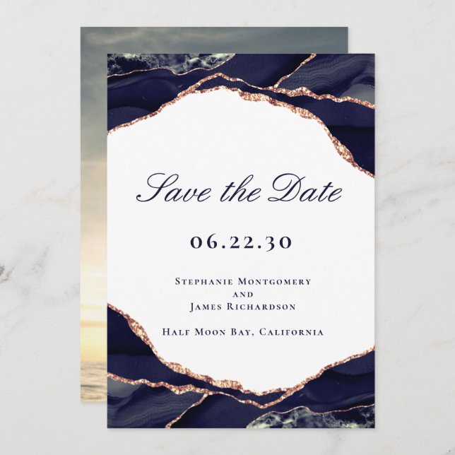 Save The Date Élégant Rose Gold Foil Marine Agate Mariage Photo (Devant / Derrière)