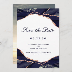 Save The Date Élégant Rose Gold Foil Marine Agate Mariage Photo