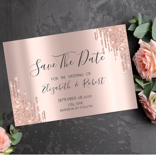 Save The Date Élégant Rose Gold Glitter Drips Faire Part de Cons (Créateur téléchargé)